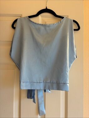 Light Blue Satin Wide Neck Tie-Waist Cropped Blouse Blusette Size Small